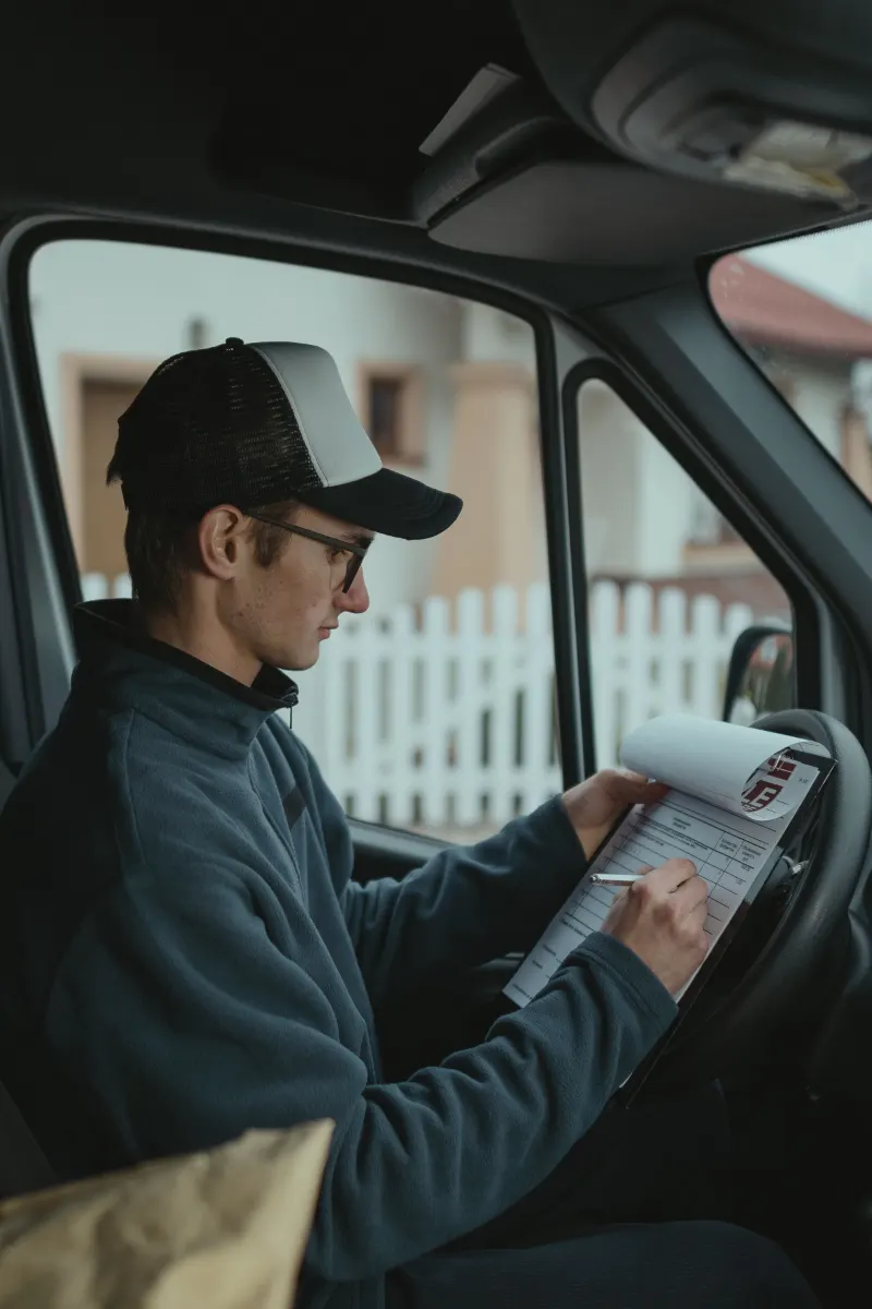 Transportation professional reviewing shipment paperwork on a clipboard
